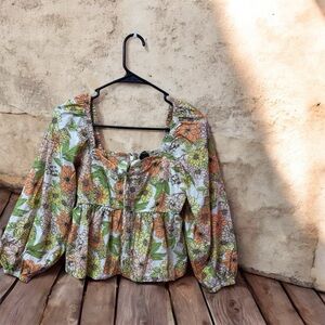 J Crew Blouse Womens S.4 Floral Zinnia Square Neck Tie Front Boho Balloon Sleeve